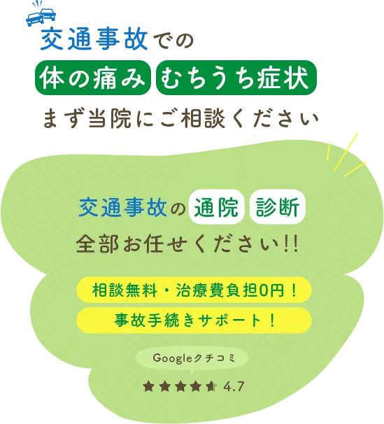 交通事故での体の痛み、むちうち症状は当院にご相談ください